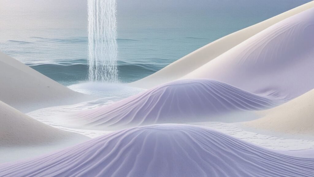 dunas de colores lilas y beiges con agua del mar que asemejan a la música de yoga y meditación