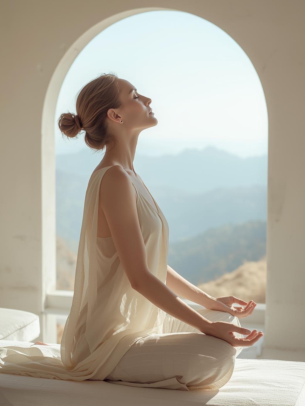 Mujer rubia vestida con tonos claros en sukhasana practicando en el programa de meditación somática online