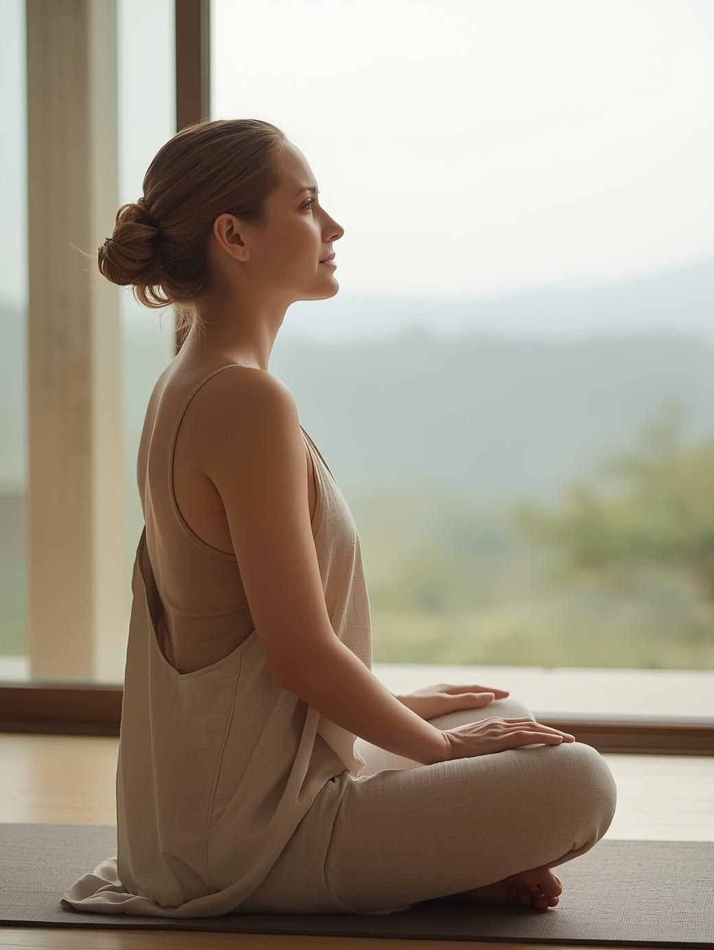 Mujer rubia en la postura de sukhasana en el retiro de yin yoga y mindfulness