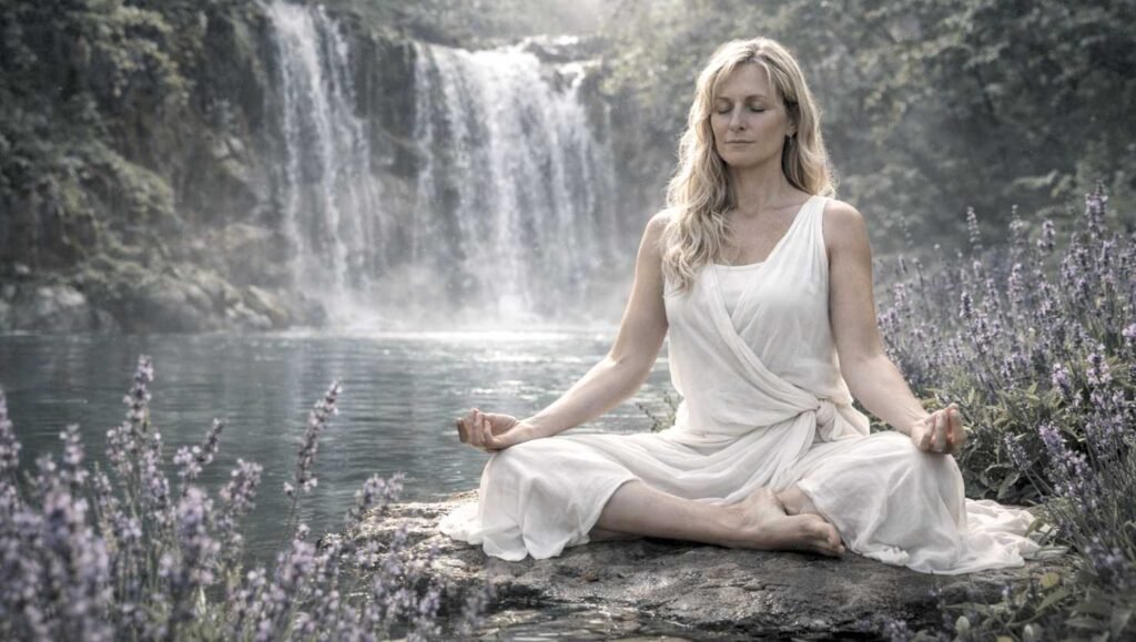Mujer rubia vestida de blanco en sukhasana,en un lago practicando yoga y meditación