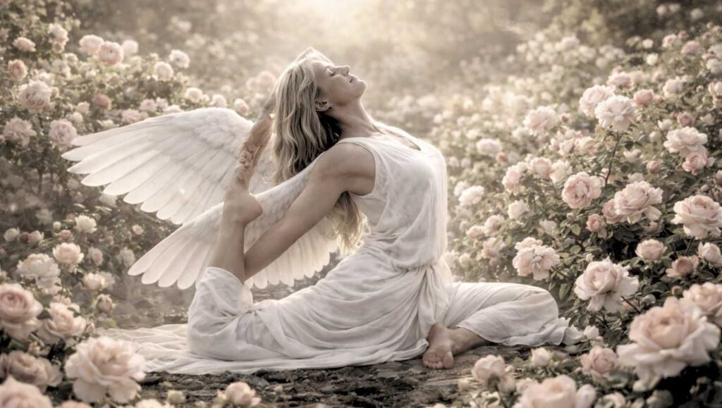 Rhoswen-yin-yoga-althaia Mujer rubia vestida de blanco con alas en la postura de la Eka Pada Rajakapotasana en yin yoga