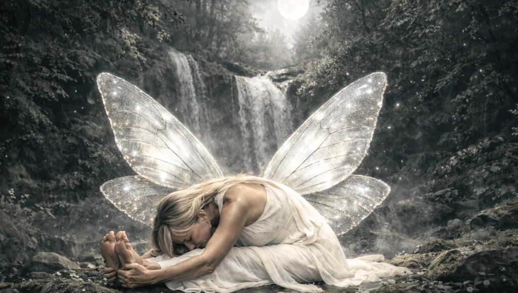 serenity-luthien-yin-yoga-althaia Mujer rubia vestida de blanco en la postura de paschimottanasana o la oruga en yin yoga