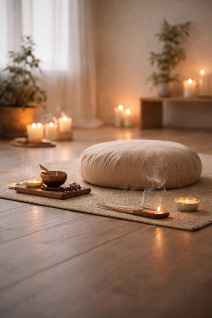 Espacio relajante para practicar yoga con velas y zafu de meditación