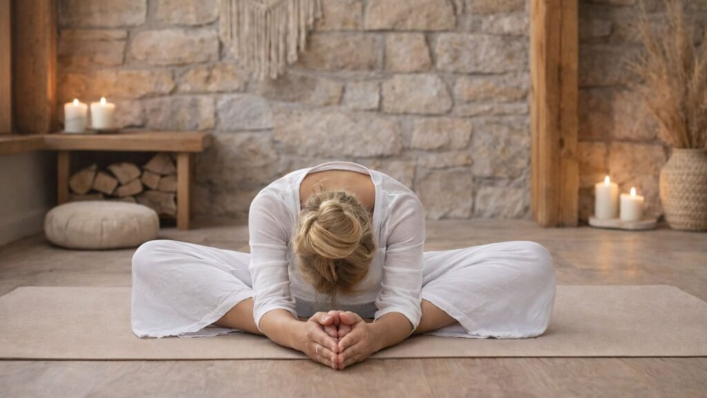 Marya en la postura de la mariposa o Baddha Konasana en clase de yoga para la sexualidad chakra sacral