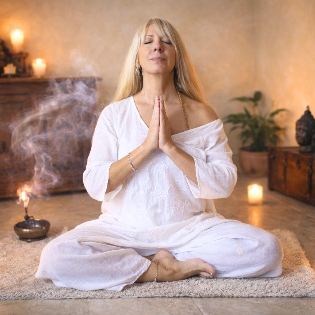 Marya vestida de blanco en la postura de yoga y meditación sukhasana en ritual de respiración consciente sagrada