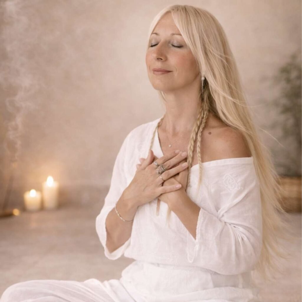 Marya vestida de blanco en clase de meditación somática online