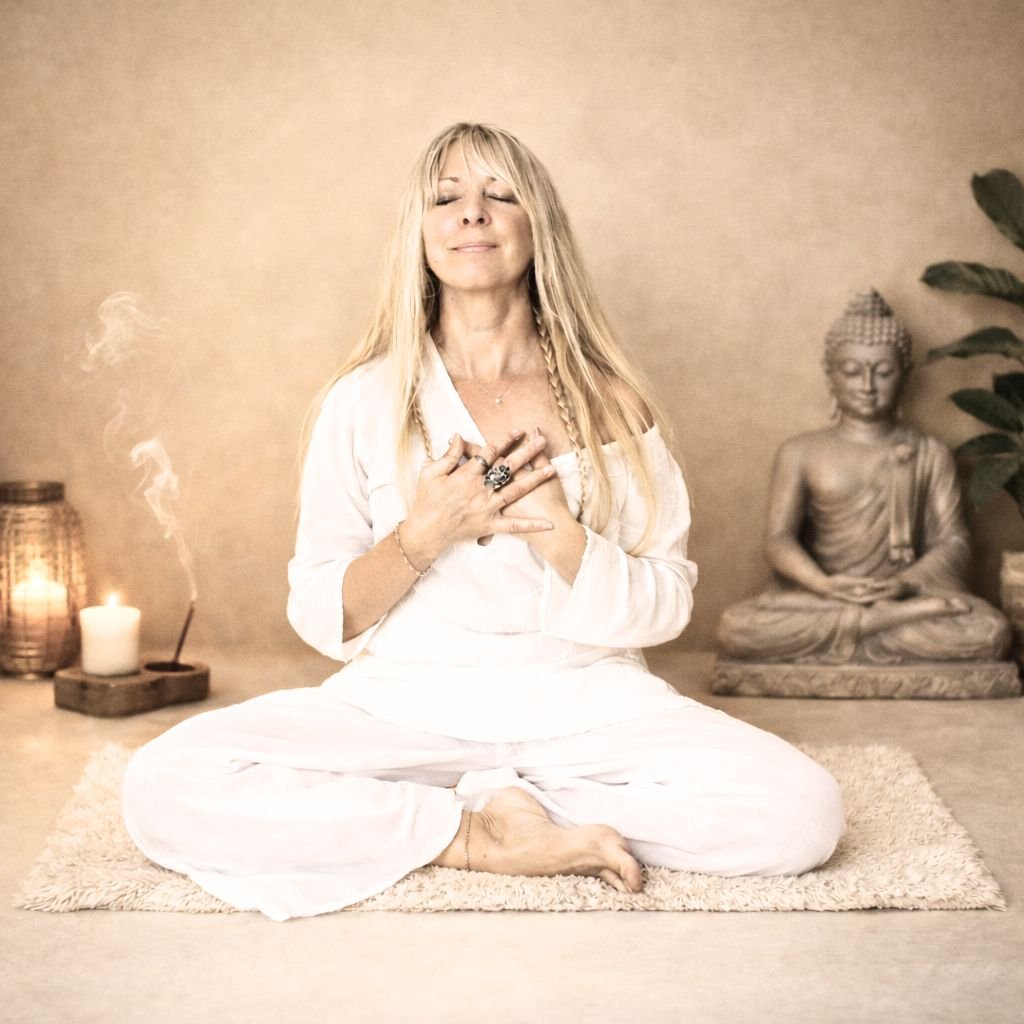 Marya vestida de blanco en la postura de yoga sukhasana en su clase de meditación y respiración consciente