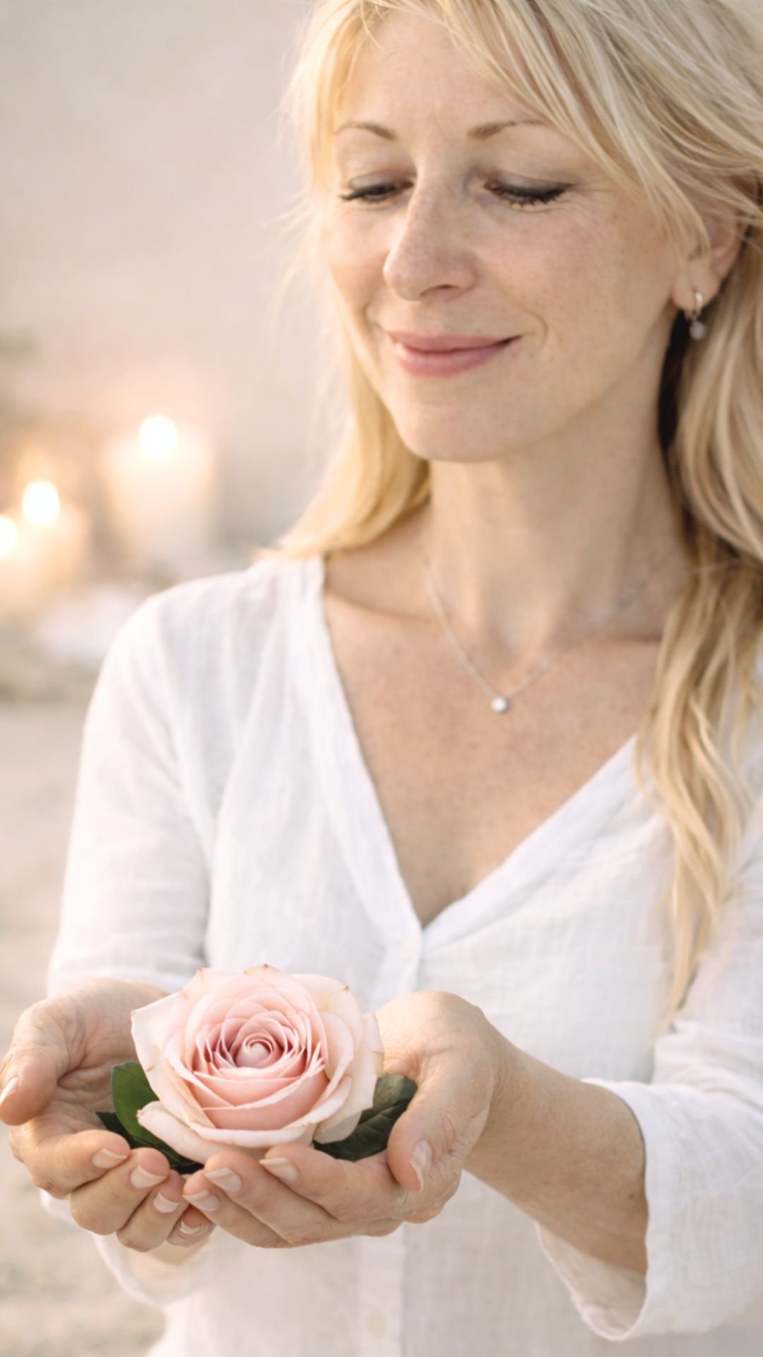 Espacio de Marya Vázquez en Yin Yoga Althaia y meditación somática en el ritual Althaia Marya vestida de blanco, lleva una rosa en sus manos en señal de gratitud durante el retiro de yoga y meditación online