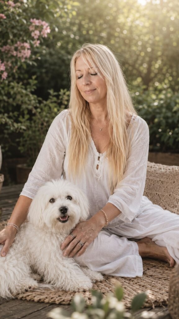 Marya Vázquez creadora de Yin Yoga Althaia. Vestida de blanco en su casa con su bichón maltés César, encontrando un momento de paz con yoga y meditación