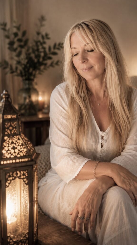 Marya Vázquez en un entorno de paz y calma en una noche con un farol y una vela encendida esencial para la meditación