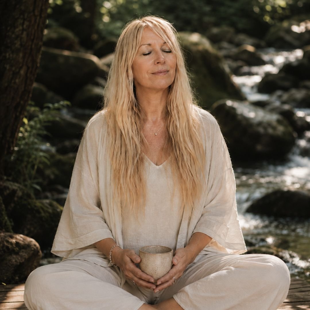 Marya Vázquez  vestida de beige con una taza entre sus manos practicando meditación mindfulness