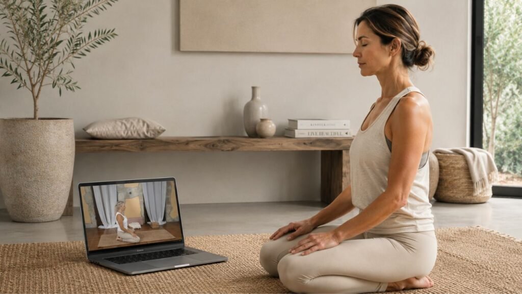 Mujer vestida con tonos suaves practicando yoga suave somático basado en yin yoga y mindfulness en su casa
