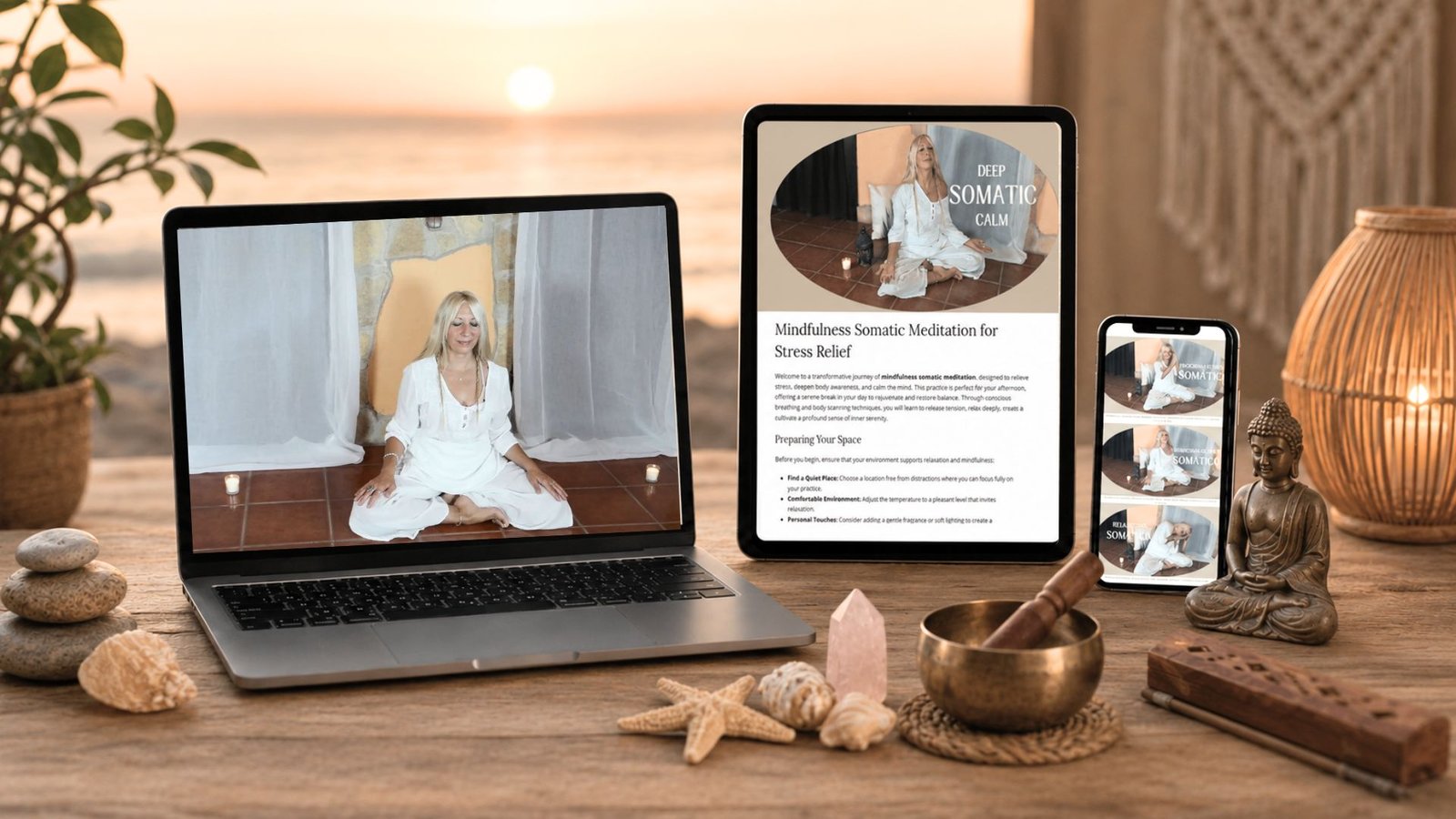 Programa de meditación somática en ordenador, pdf en tablet y página del programa en el móvil