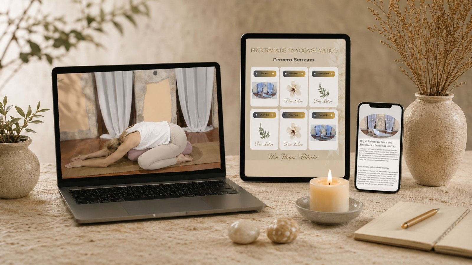 Programa de yin yoga somático con la postura del niño o balasana con bolster, calendario y pdf en formato ordenador, tablet y móvil